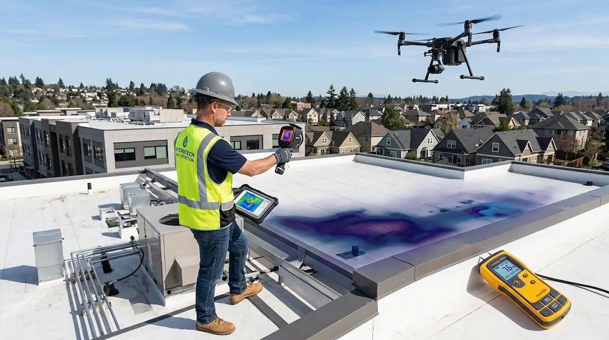Advanced roof leak detection technology including infrared thermal imaging, moisture meters, electronic leak detection, and thermal drone roof scanning.