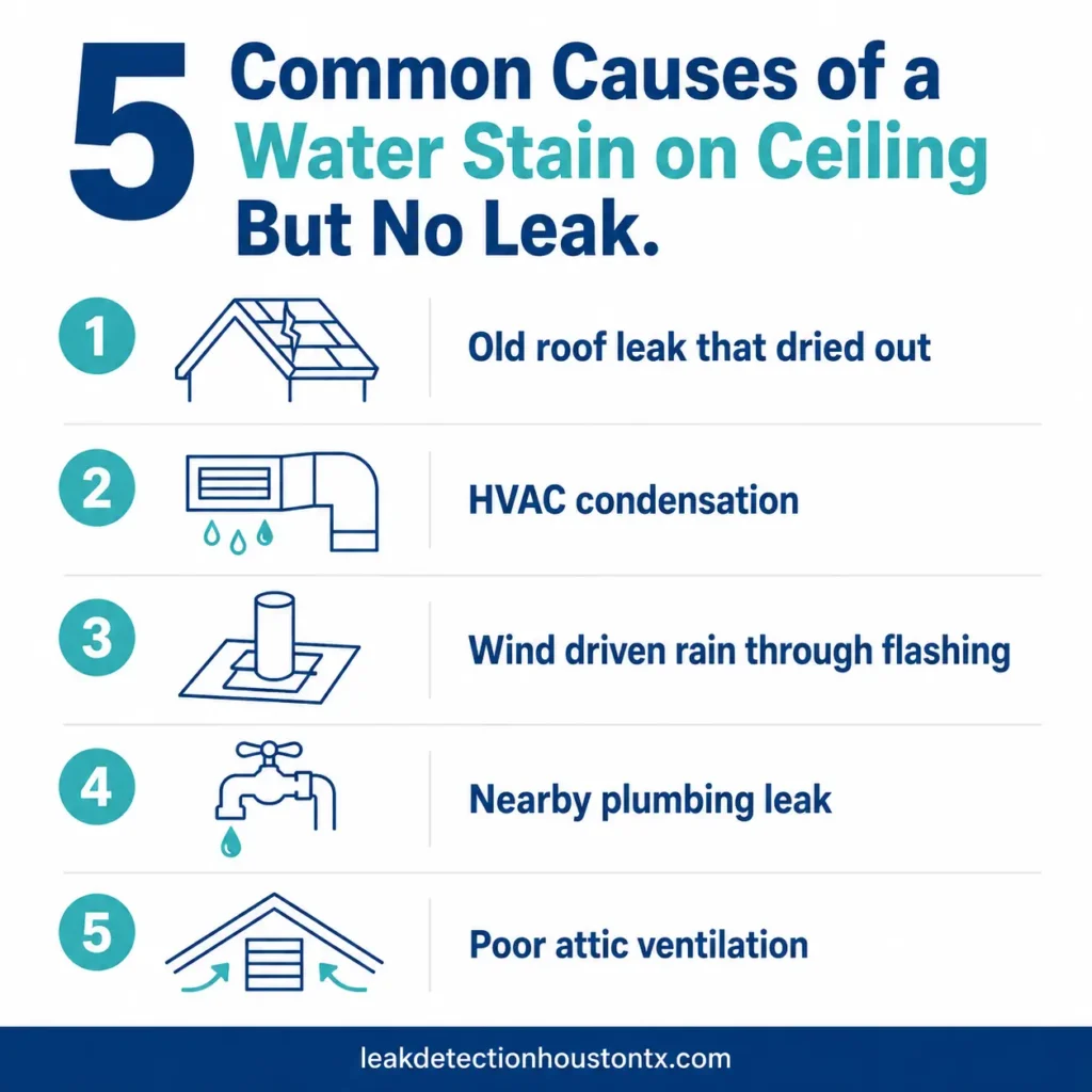 5 common causes of a ceiling water stain with no active leak, including roof, HVAC, plumbing, flashing, and ventilation.