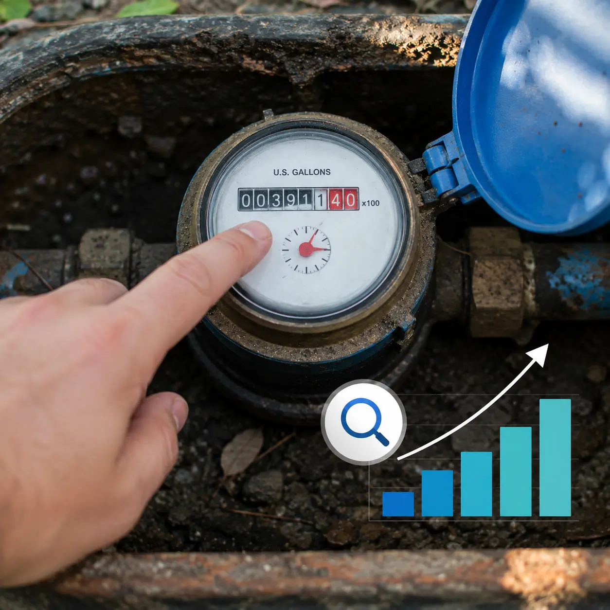 Close-up of a hand checking a residential water meter with a magnifying glass icon and rising water usage graphic.