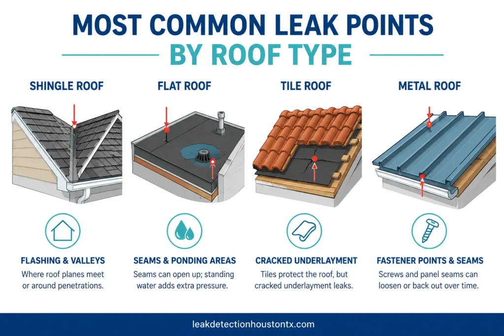Infographic showing common leak points for shingle, flat, tile, and metal roofs.