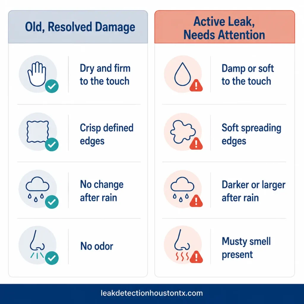 Infographic comparing old resolved water damage and active ceiling leak warning signs.