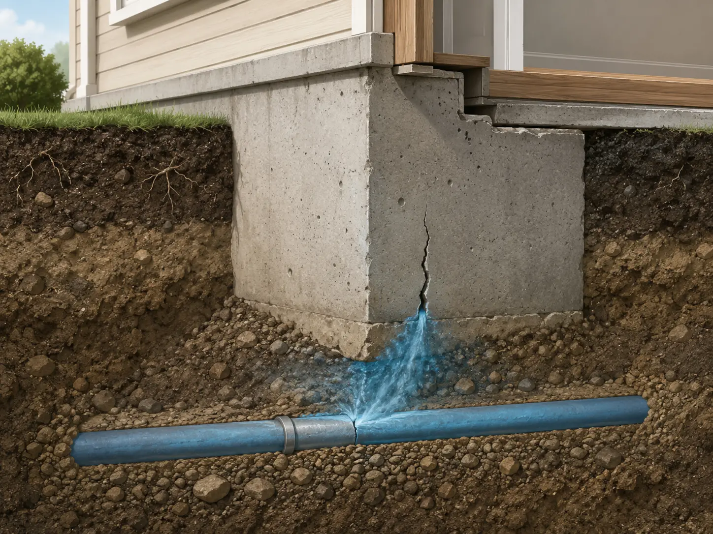 Cutaway illustration of a home's concrete foundation showing an underground water pipe with a small crack releasing water into the surrounding soil beneath the foundation.