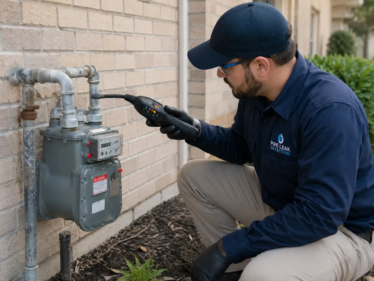 Technician using an electronic gas detector to inspect a residential gas meter in Sugar Land.