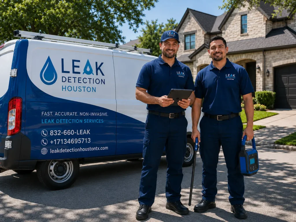 Two leak detection technicians stand beside a branded service van in a Houston home's driveway.