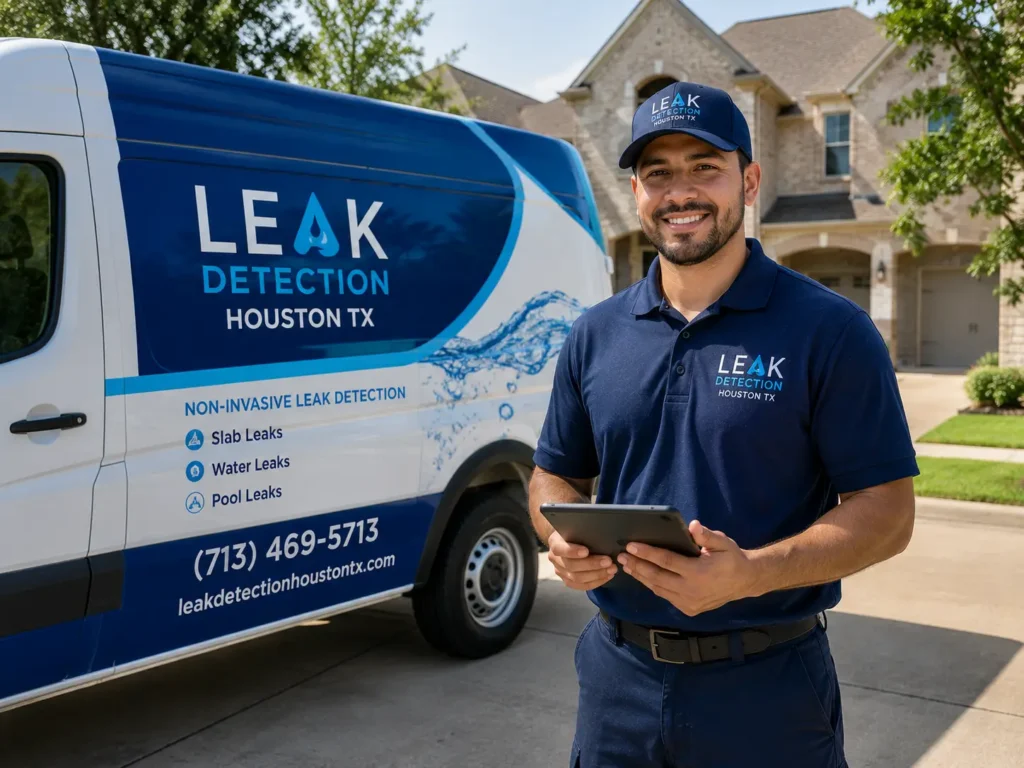 Leak detection technician holding a tablet beside a branded service van outside a Houston home.