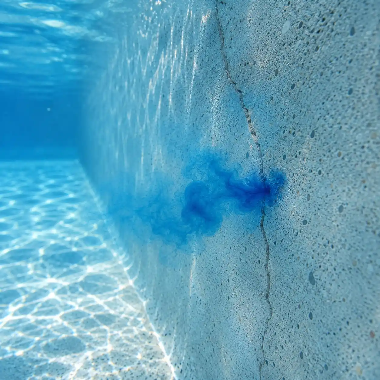 Close-up underwater view of a small crack in a concrete pool wall with blue dye drifting toward the leak.
