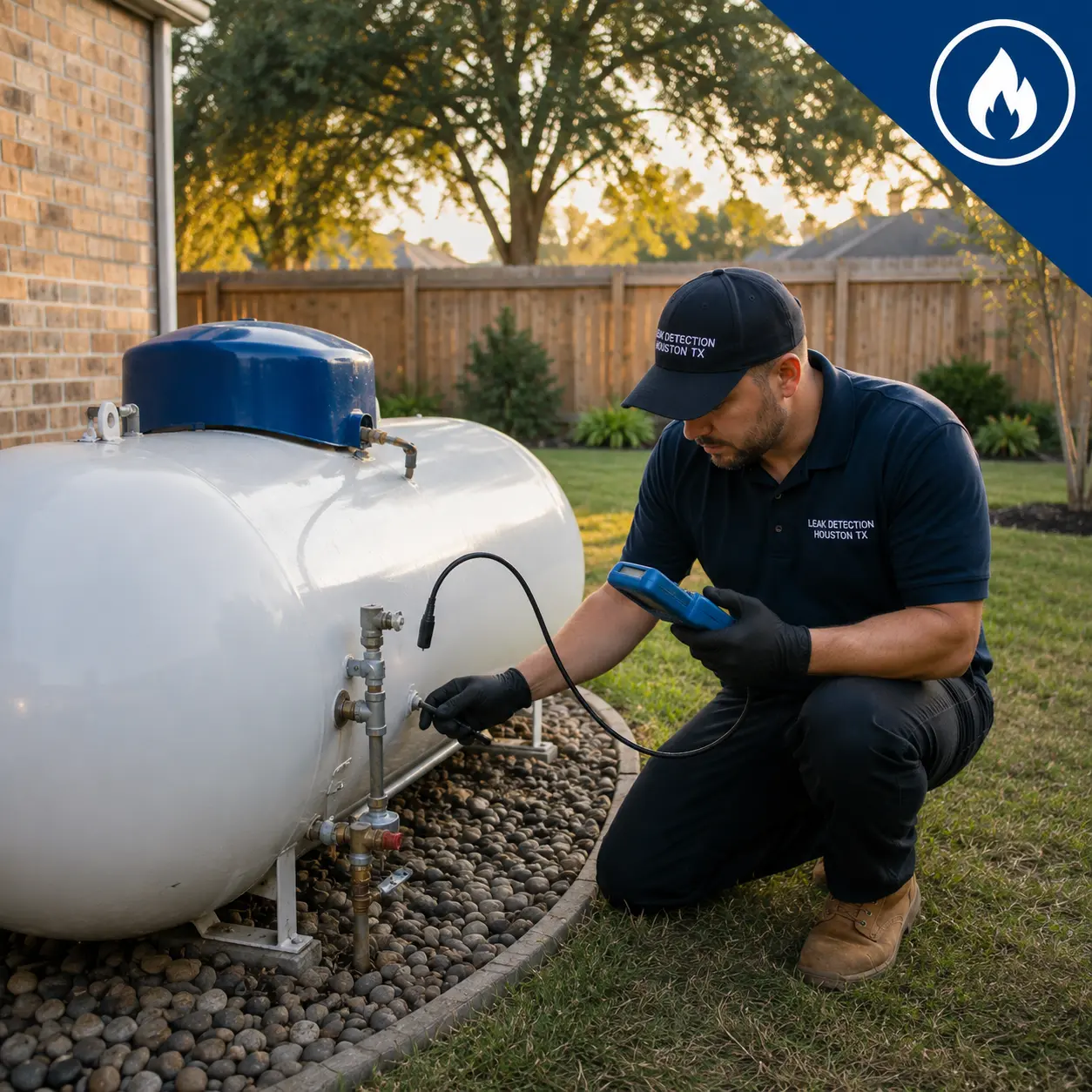 Technician using a handheld gas leak detector to inspect a residential propane tank in a backyard during daylight.