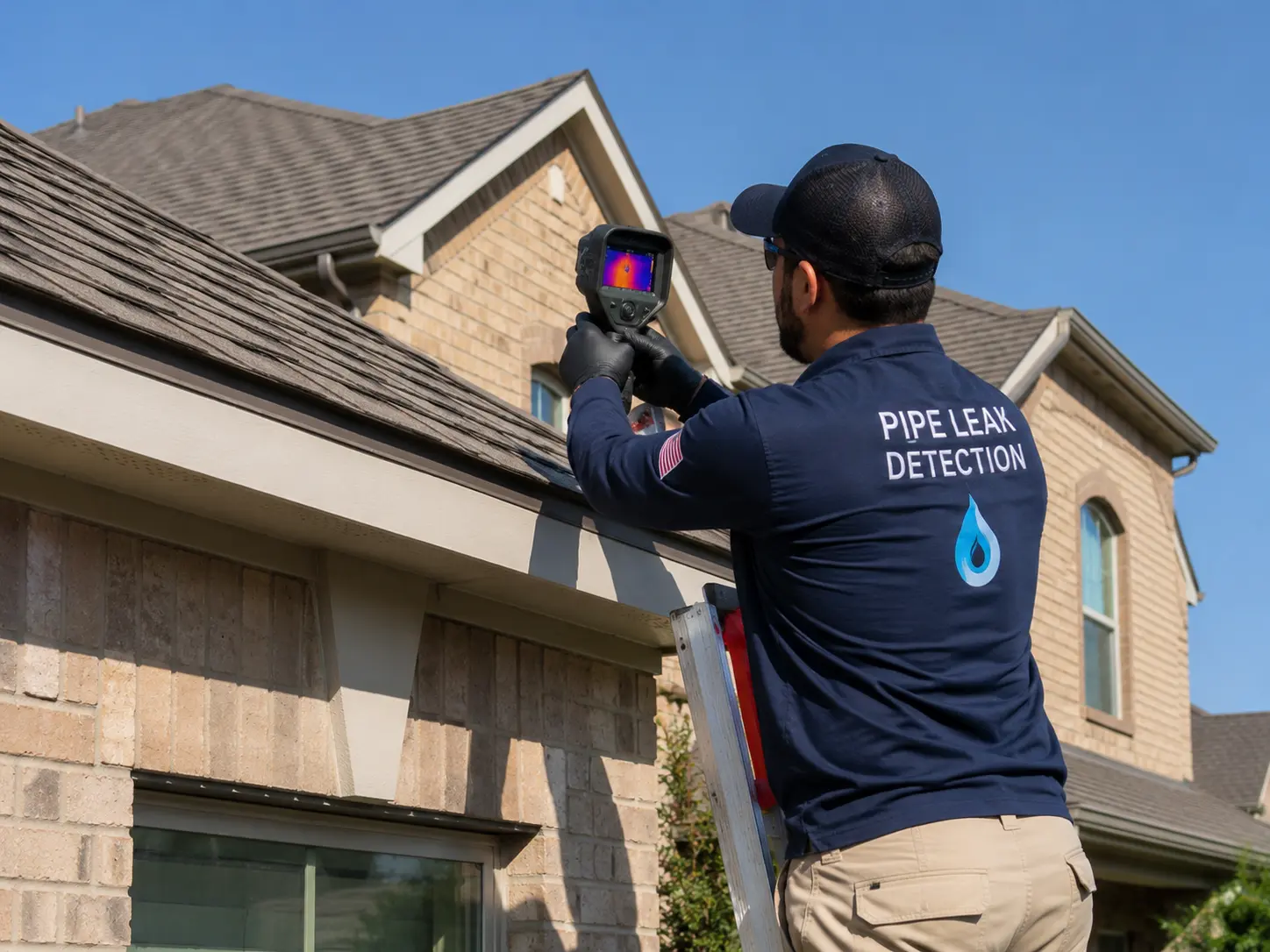Technician using a thermal imaging camera to inspect a residential roof for hidden leaks in Sugar Land.