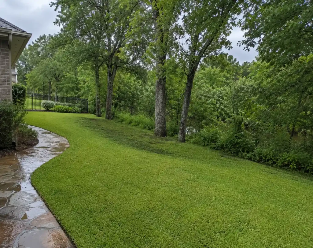 Residential backyard in Sugar Land with a subtle damp grass patch near a wooded property line after rainfall.