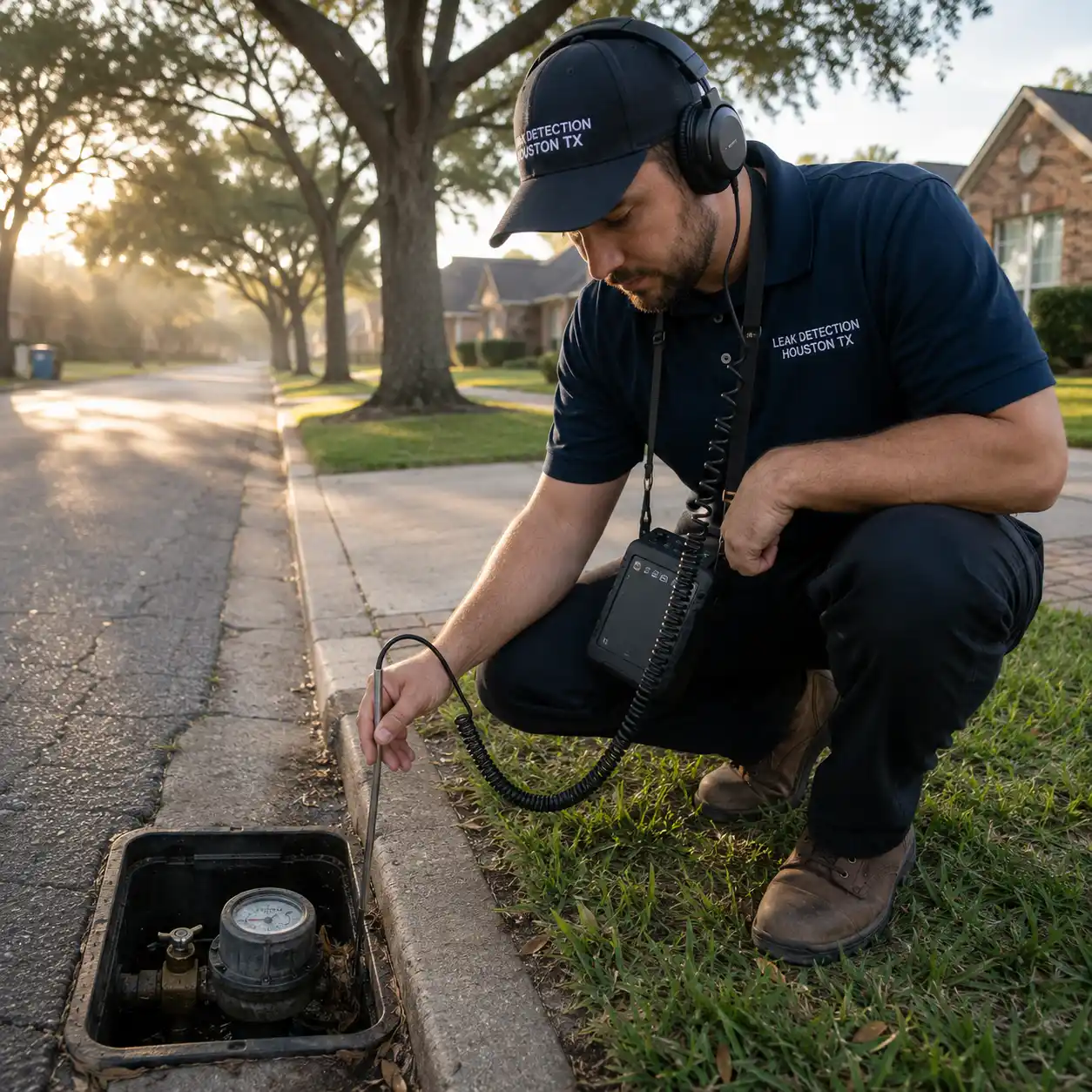 Technician using a listening device to inspect a curbside residential water meter on a quiet neighborhood street.