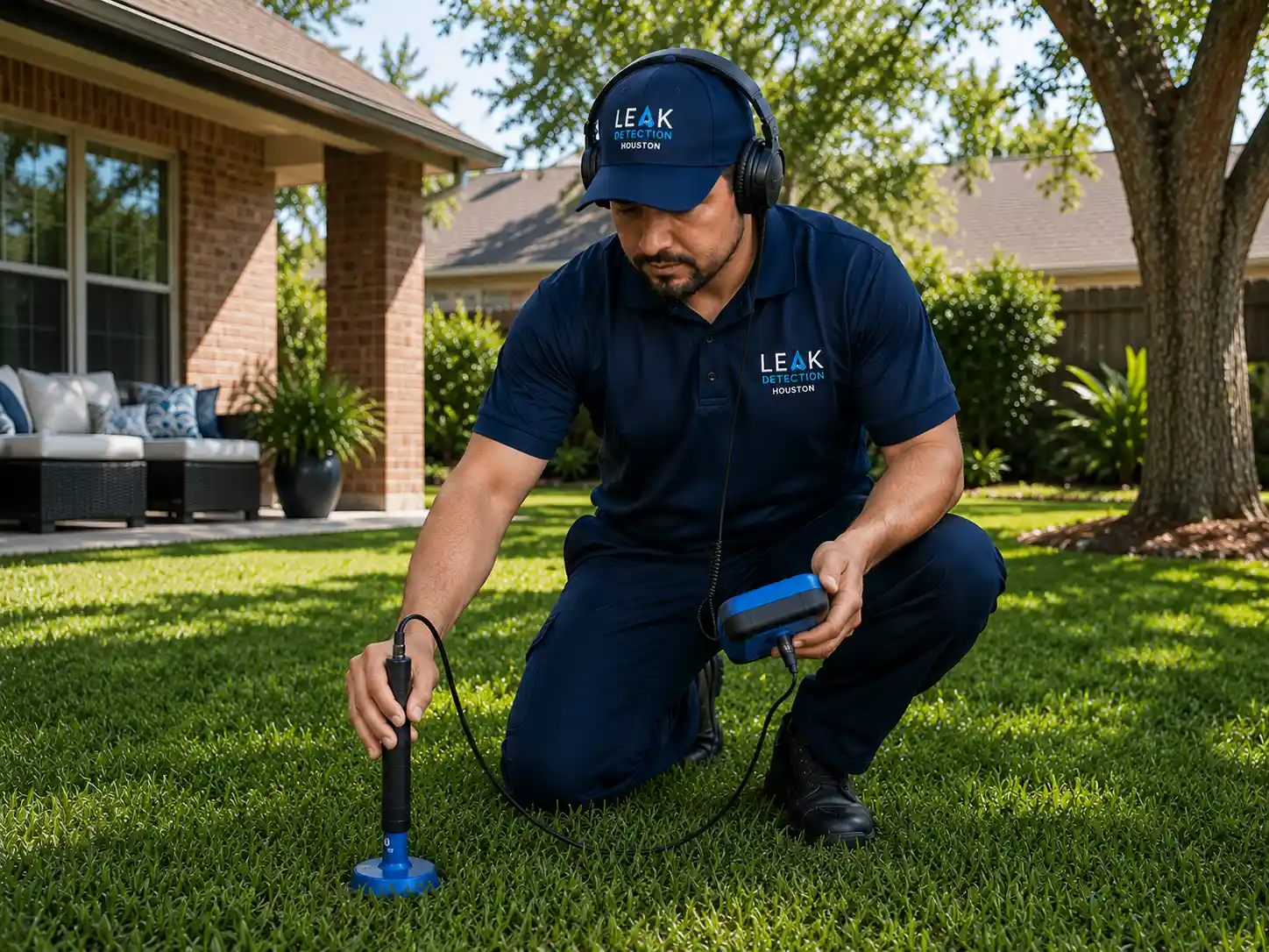 Technician kneeling on a lawn using a ground microphone to detect an underground water leak near a Houston home.