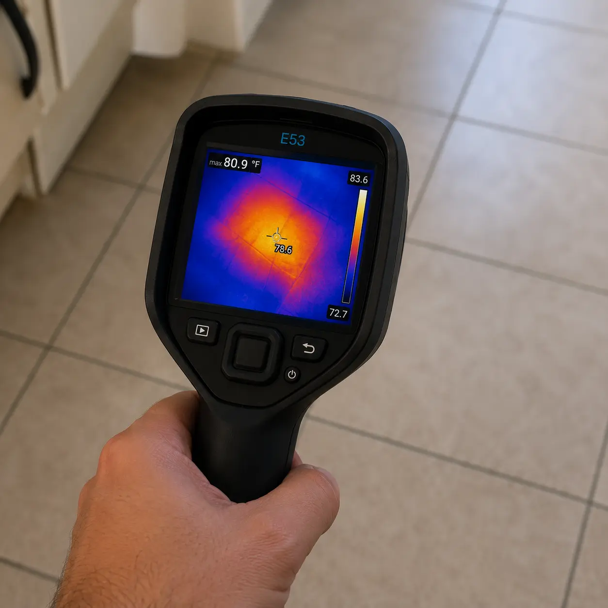 Close-up of a thermal imaging camera showing a warm spot beneath a tiled floor during a leak detection inspection.