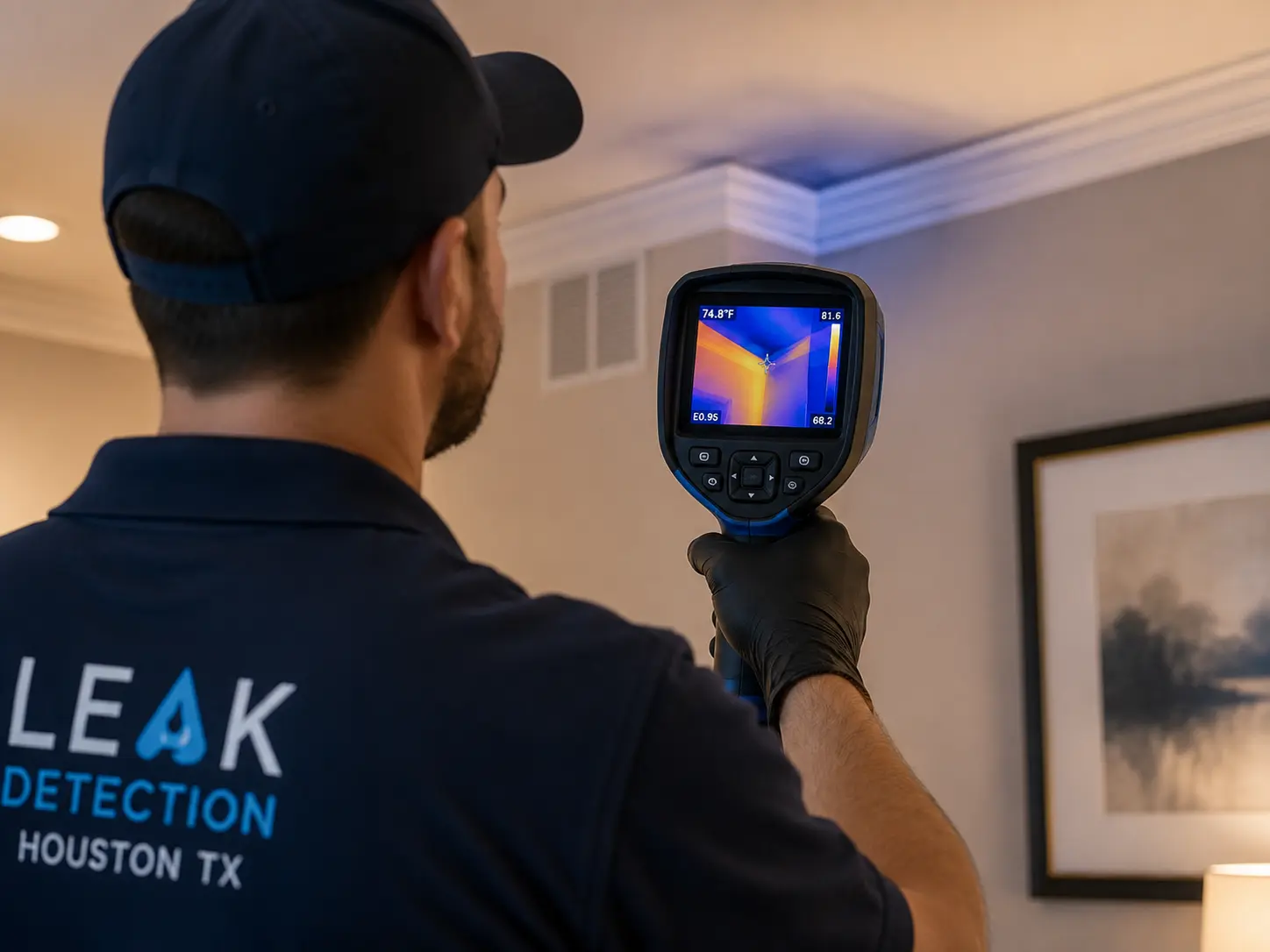 Technician using a thermal imaging camera to inspect a ceiling corner for hidden moisture and temperature differences.