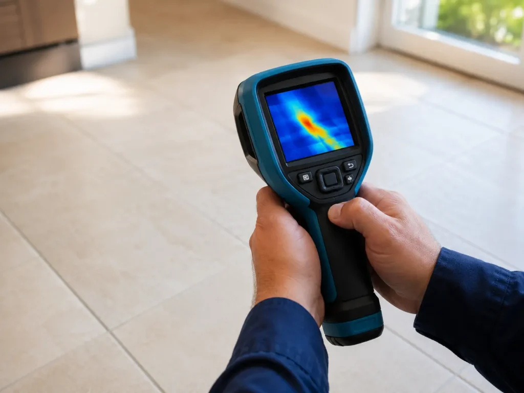 Close-up of a technician using a thermal imaging camera over tile flooring to detect a hidden slab leak beneath the floor.