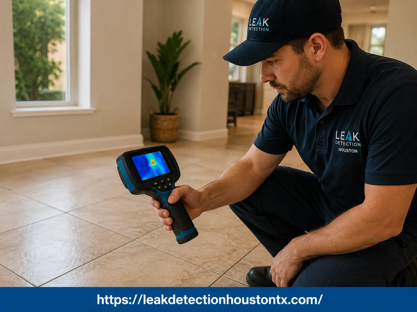 Technician kneeling on a tiled floor in a modern home using a handheld thermal imaging camera to detect a hidden plumbing leak beneath the floor.