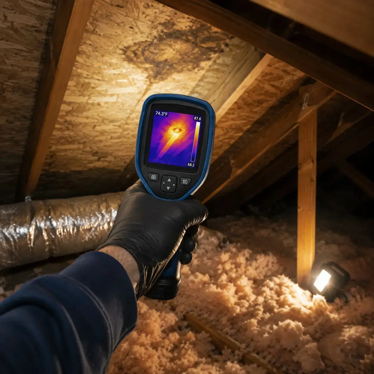 Technician using a thermal imaging camera to inspect roof decking inside a home's attic for hidden moisture or leaks.