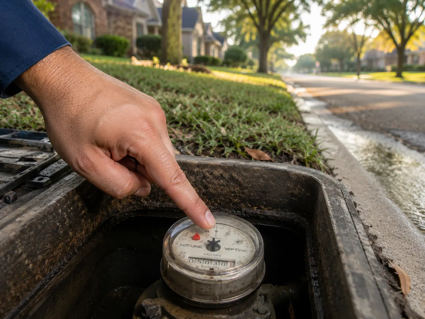 Technician pointing at a residential water meter during leak detection in Sugar Land