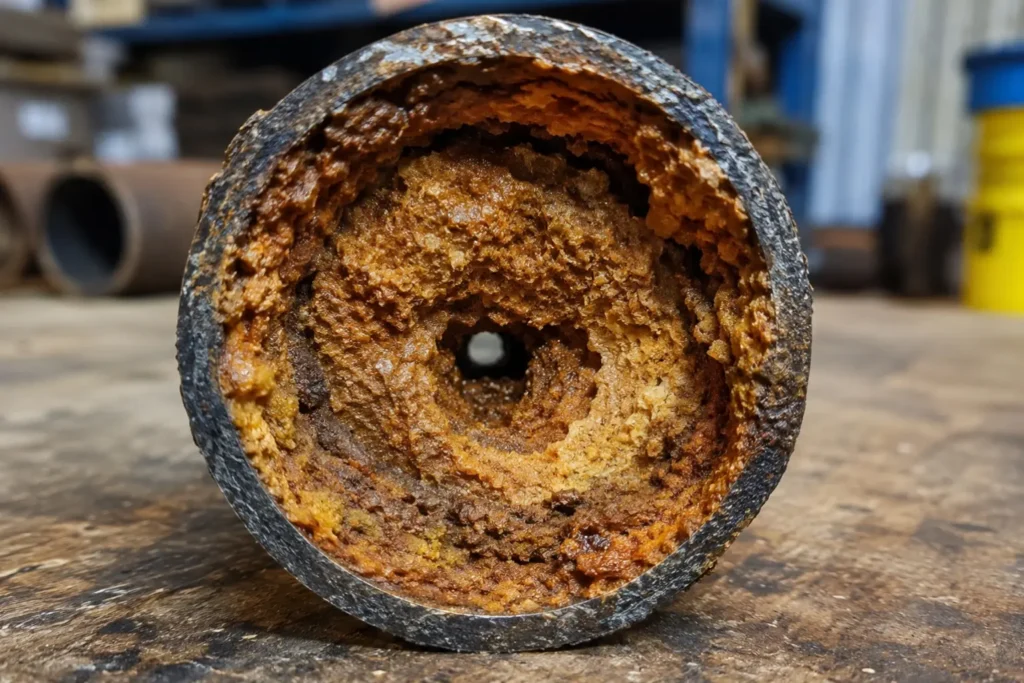 Cross-section of a deteriorated cast iron pipe showing channeling corrosion common in older Houston home plumbing systems