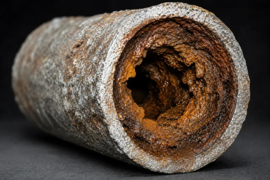 Interior of a galvanized steel supply pipe with severe rust scale buildup reducing water flow in an older Houston home