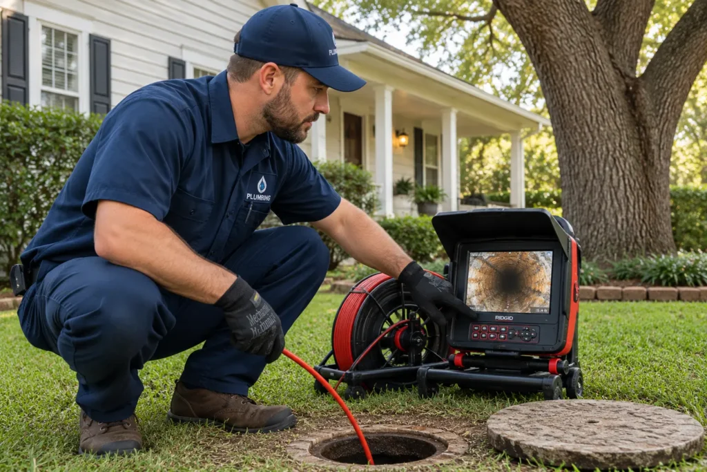Plumbing technician performing sewer camera inspection on older home plumbing in Houston to detect cast iron pipe damage