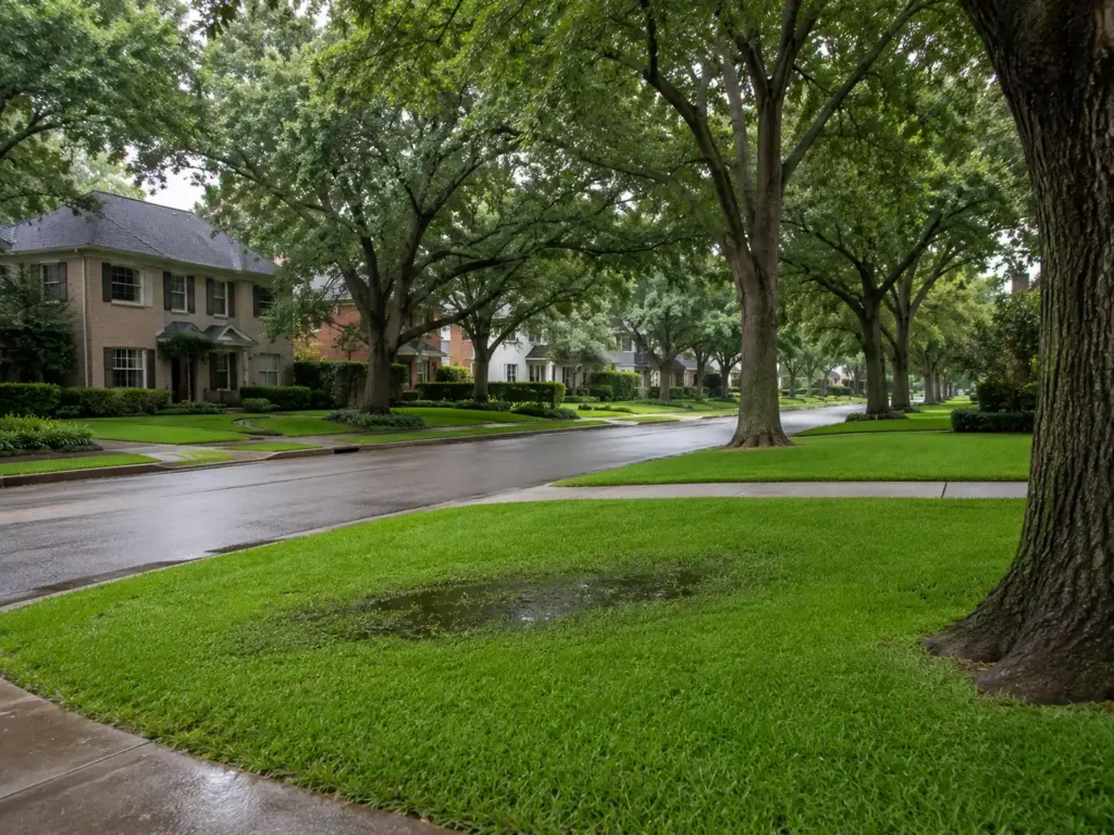 Quiet tree-lined residential street with rain-dampened lawns and mature trees in a Houston neighborhood.