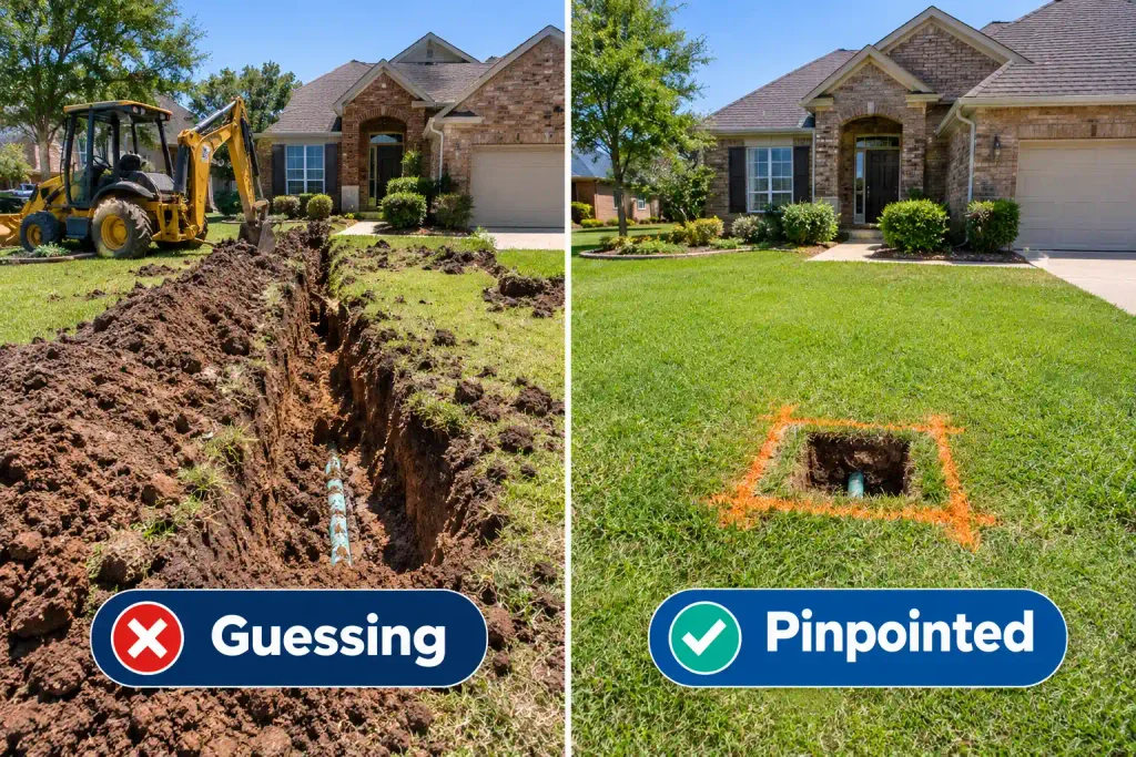 : Comparison of a long trench across a yard and a small marked repair spot for an underground water line