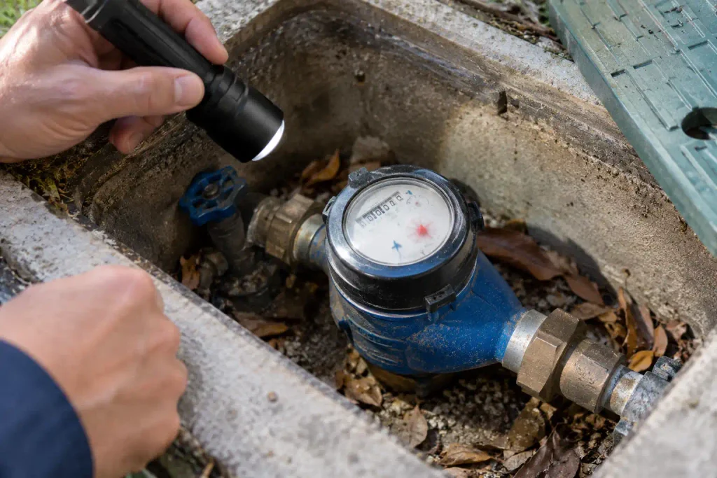Homeowner using a flashlight to read the low flow indicator on a water meter during a leak test