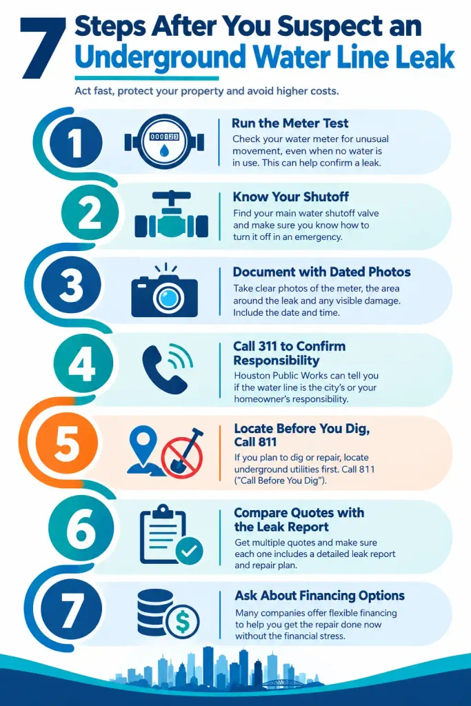 Infographic listing seven steps to take after finding an underground water line leak