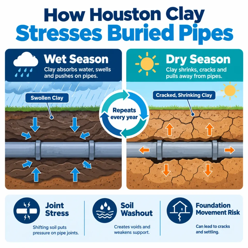 Infographic showing how wet and dry seasons in Houston clay soil put stress on buried water lines 1