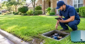 Technician checking a water meter box for an underground water line leak in a Houston front yard